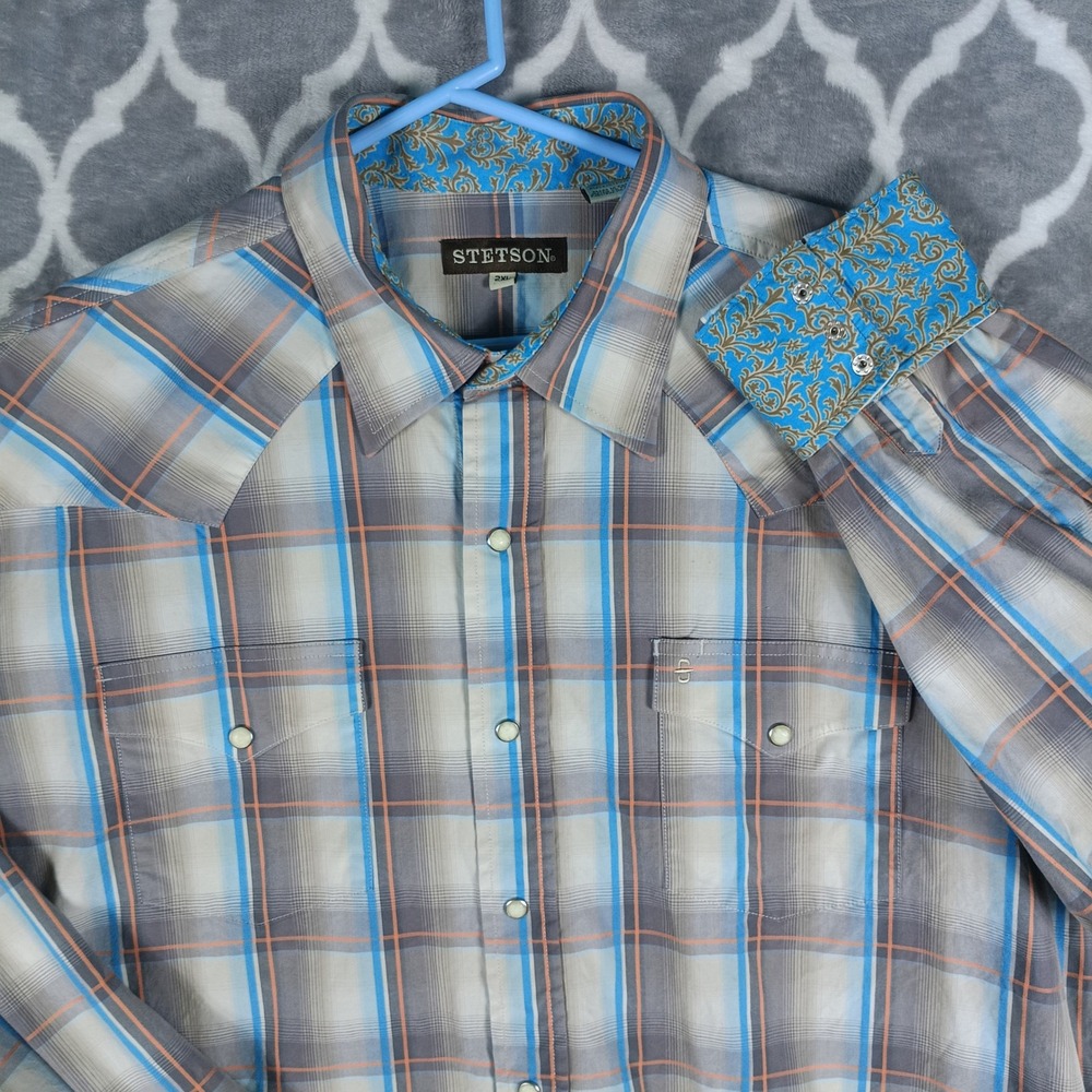 Stetson Western Shirt Mens 2XL Gray Blue Plaid Pearl Snap Cotton Long Sleeve